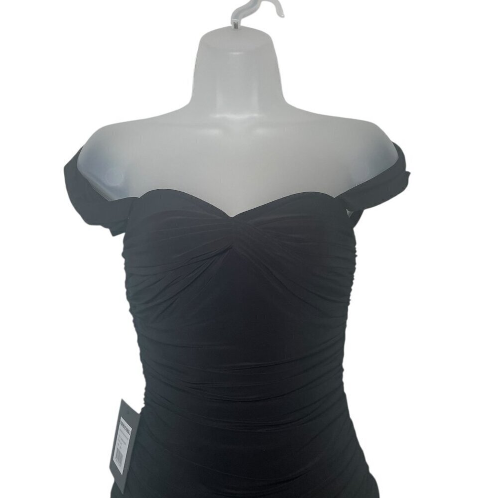 Norma Kamali Walter Dress XS NWT Black Off Shoulder Ruched Midi Cocktail - Picture 4 of 6